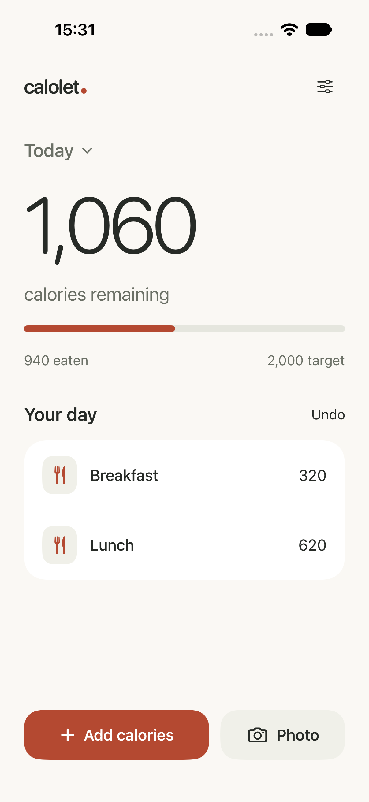 Native Calolet diary with example meals and 1,060 calories remaining
